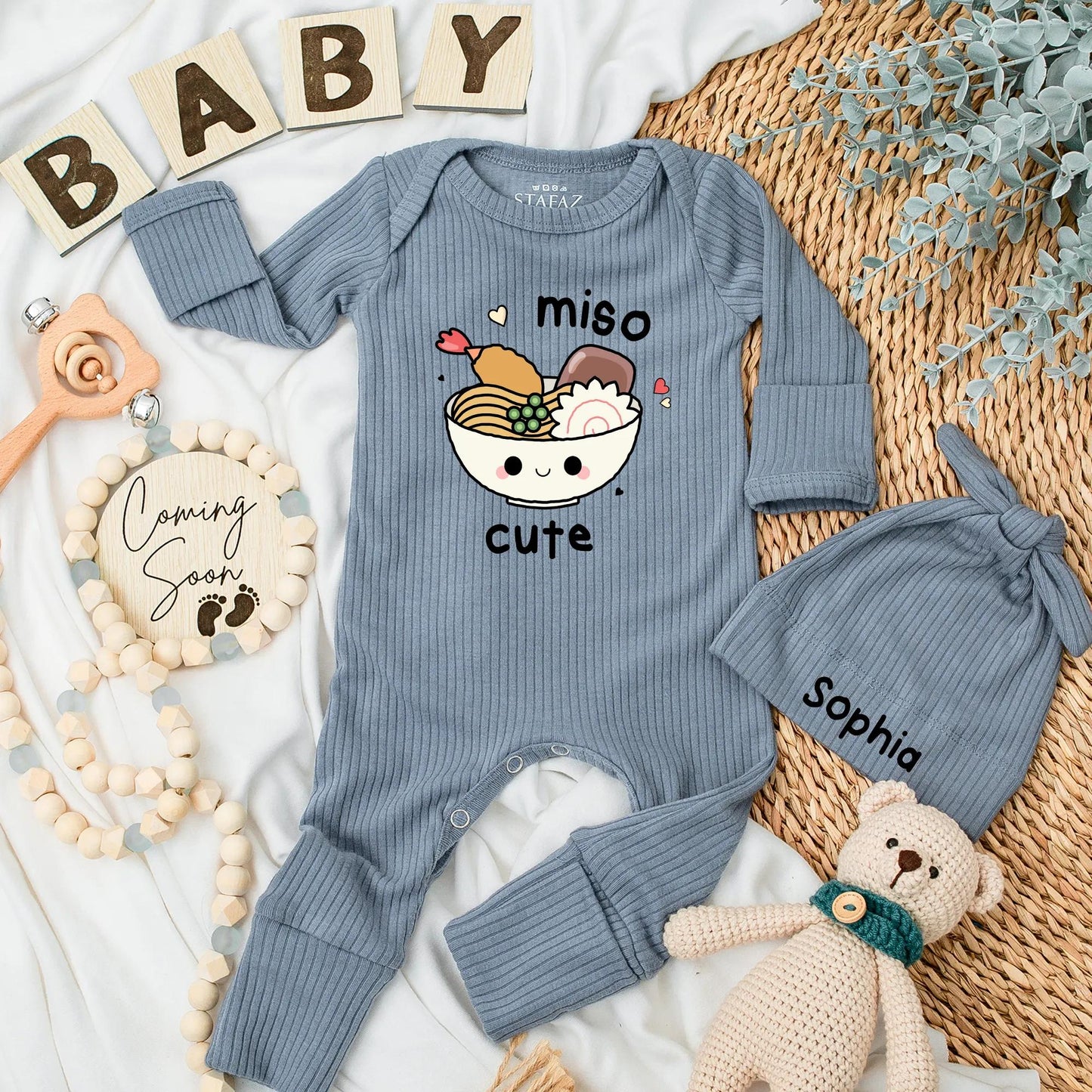 Custom Miso Cute Baby Bodysuit Funny Noodles Ramen Design Newborn Outfit, Japan Foodie Clothes, Cute Baby Shower Gift for Food Lovers