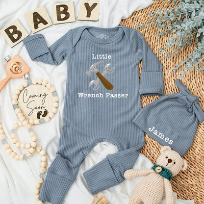 Daddy's Little Helper Baby Bodysuit: Custom Mechanic Outfit, Personalized with Wrench, Car Lover Newborn Clothes, Funny Garage Theme Baby Shower Gift (139 chars)
