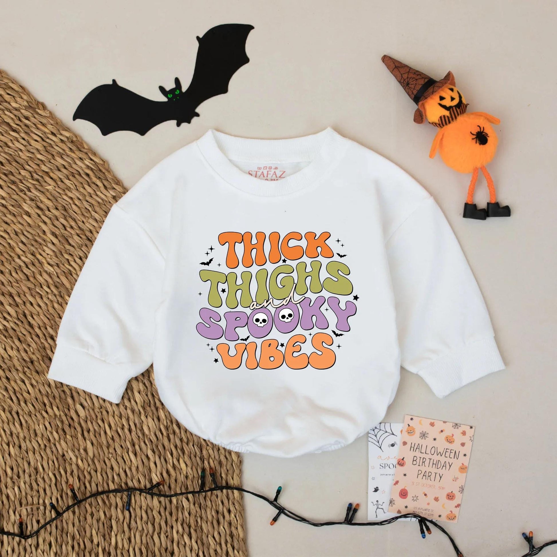 Thick Thighs Spooky Vibes Halloween Baby Romper - Funny Infant Bodysuit with Retro Bats & Skulls - Custom Halloween Outfit 133