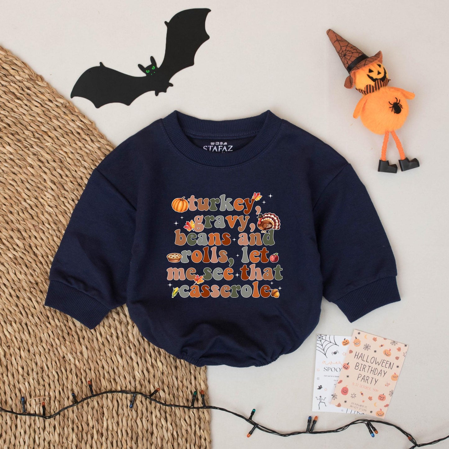 Personalized Thanksgiving Baby Romper Funny Turkey Name Bodysuit, featuring 'turkey gravy beans and rolls' print, cheerful fall outfit