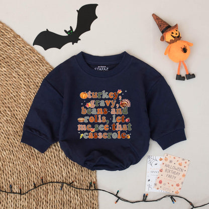Personalized Thanksgiving Baby Romper Funny Turkey Name Bodysuit, featuring 'turkey gravy beans and rolls' print, cheerful fall outfit