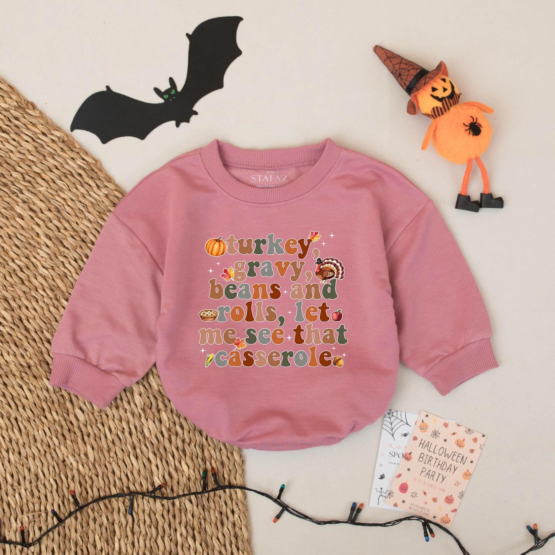 Personalized Thanksgiving Baby Romper Funny Turkey Name Bodysuit, featuring 'turkey gravy beans and rolls' print, cheerful fall outfit