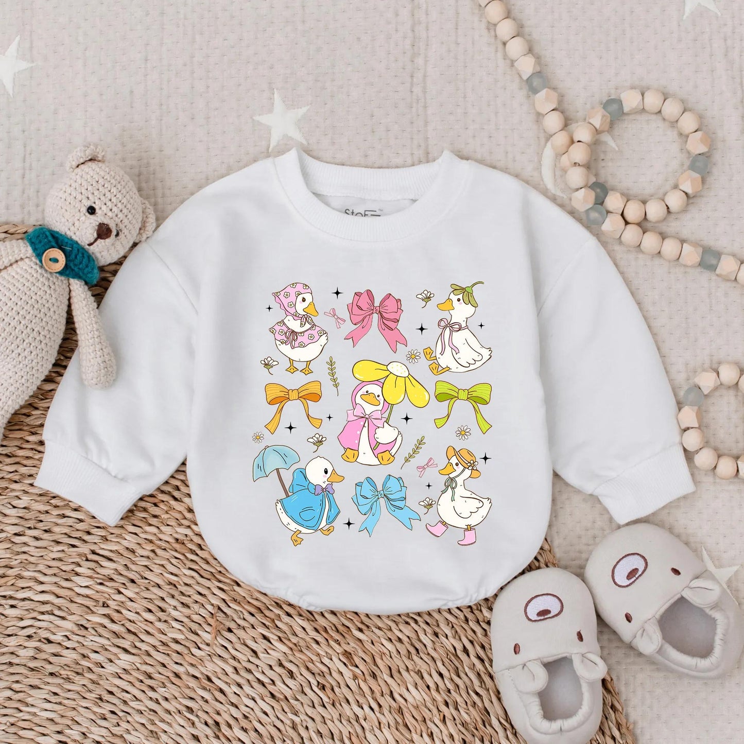 Spring Floral Goose Bubble Romper for Baby Girl with Sweet Pink Bow Detail, a Ruffled Farm Animal Easter Outfit and First Birthday Toddler Gift