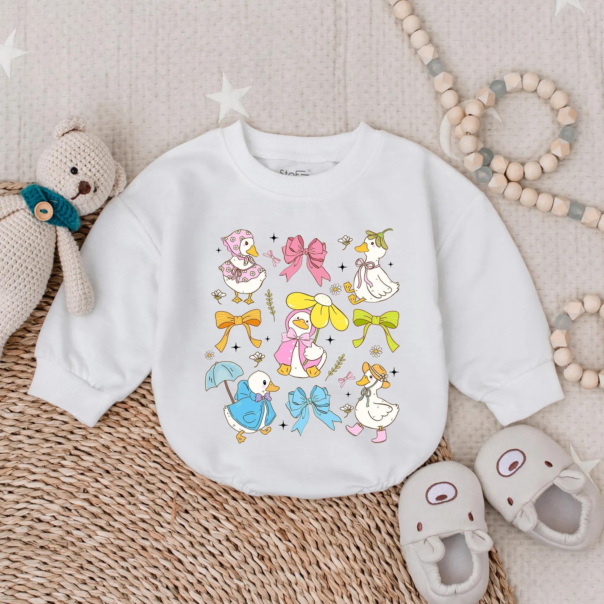 Spring Floral Goose Bubble Romper for Baby Girl with Sweet Pink Bow Detail, a Ruffled Farm Animal Easter Outfit and First Birthday Toddler Gift