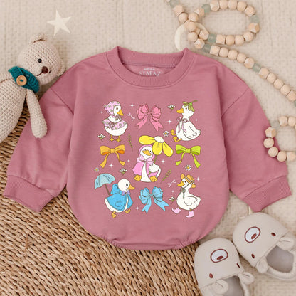 Spring Floral Goose Bubble Romper for Baby Girl with Sweet Pink Bow Detail, a Ruffled Farm Animal Easter Outfit and First Birthday Toddler Gift