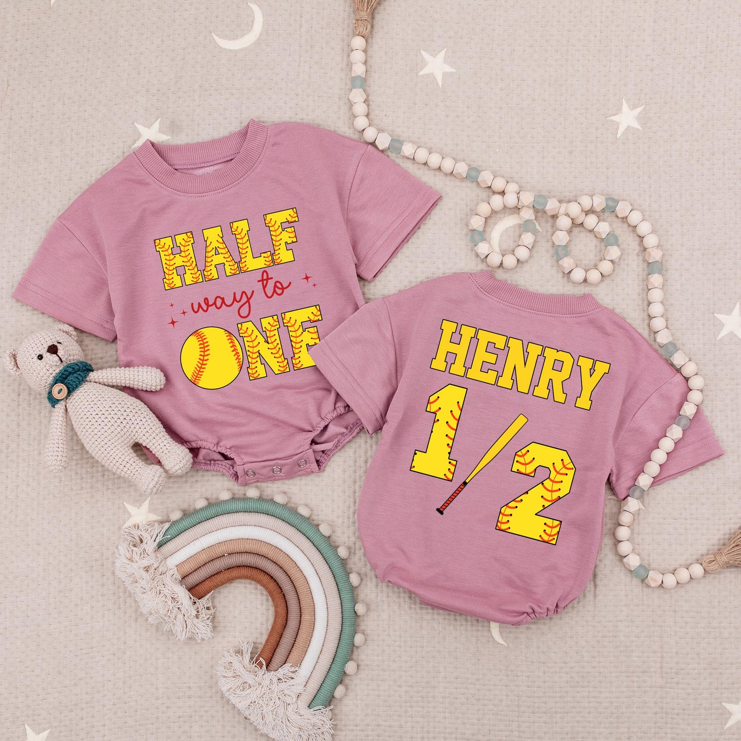 Custom Name Half Way To One Softball Baby Romper 6 Month Birthday Outfit Soft Ball Half Birthday Party 1/2 Birthday Gift For Babies