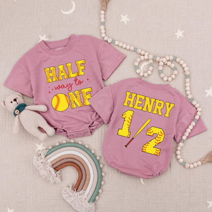 Custom Name Half Way To One Softball Baby Romper 6 Month Birthday Outfit Soft Ball Half Birthday Party 1/2 Birthday Gift For Babies