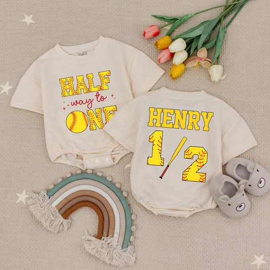 Custom Name Half Way To One Softball Baby Romper 6 Month Birthday Outfit Soft Ball Half Birthday Party 1/2 Birthday Gift For Babies