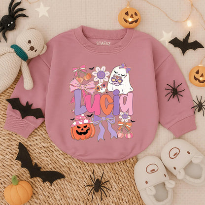 Custom Lucia Boho Ghost Halloween Baby Romper Spooky Floral Pumpkin Outfit Cute Fall Girl Gift