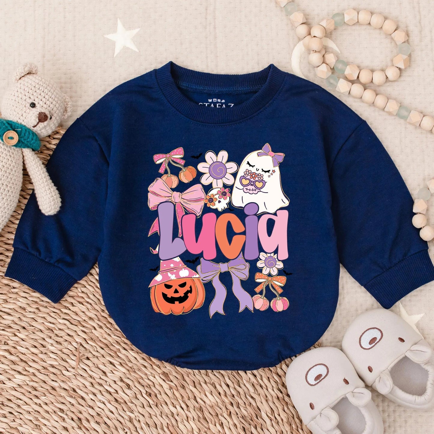 Custom Lucia Boho Ghost Halloween Baby Romper Spooky Floral Pumpkin Outfit Cute Fall Girl Gift