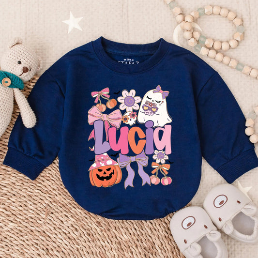 Custom Lucia Boho Ghost Halloween Baby Romper Spooky Floral Pumpkin Outfit Cute Fall Girl Gift