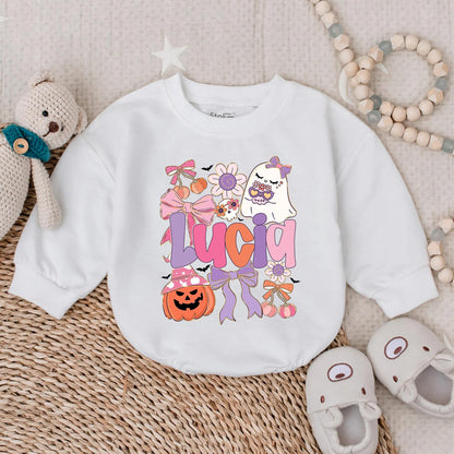 Custom Lucia Boho Ghost Halloween Baby Romper Spooky Floral Pumpkin Outfit Cute Fall Girl Gift