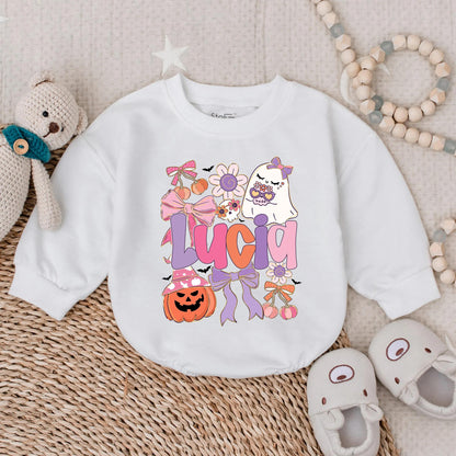 Custom Boho Ghost Baby Romper Floral Halloween Sweatshirt Bubble Spooky Girl Pumpkin Outfit Infant Fall Boo Costume Gift