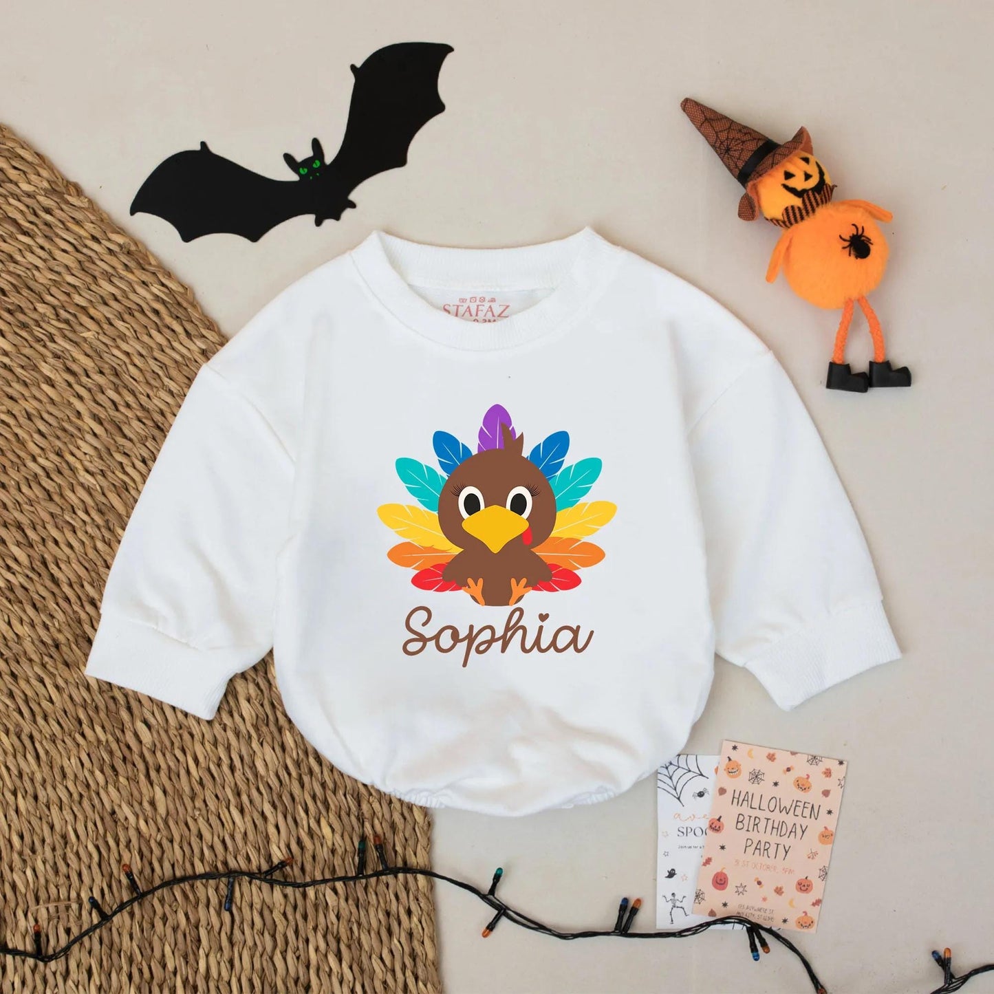 Sophia Turkey Thanksgiving Romper Baby Girl Custom Name Bodysuit Holiday Gift Fun Rainbow Feather Design Fall Outfit