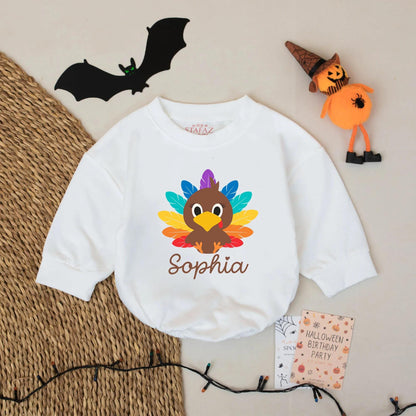 Sophia Turkey Thanksgiving Romper Baby Girl Custom Name Bodysuit Holiday Gift Fun Rainbow Feather Design Fall Outfit