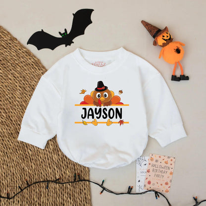 Custom Name Thanksgiving Baby Romper Cartoon Turkey Pilgrim Hat Design Brown Orange Fall Leaves Acorns Baby Boy Holiday Outfit
