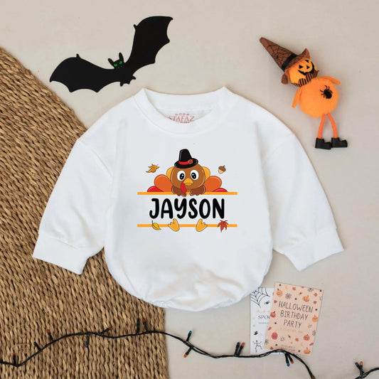 Custom Name Thanksgiving Baby Romper Cartoon Turkey Pilgrim Hat Design Brown Orange Fall Leaves Acorns Baby Boy Holiday Outfit