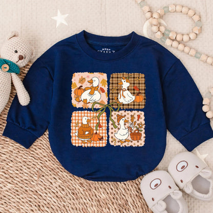 Pumpkin Spice Goose Sweatshirt Romper Cozy Fall Baby Outfit Autumn Leaves Latte Girl Clothes Toddler Vibes