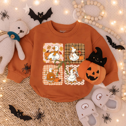 Pumpkin Spice Goose Sweatshirt Romper Cozy Fall Baby Outfit Autumn Leaves Latte Girl Clothes Toddler Vibes