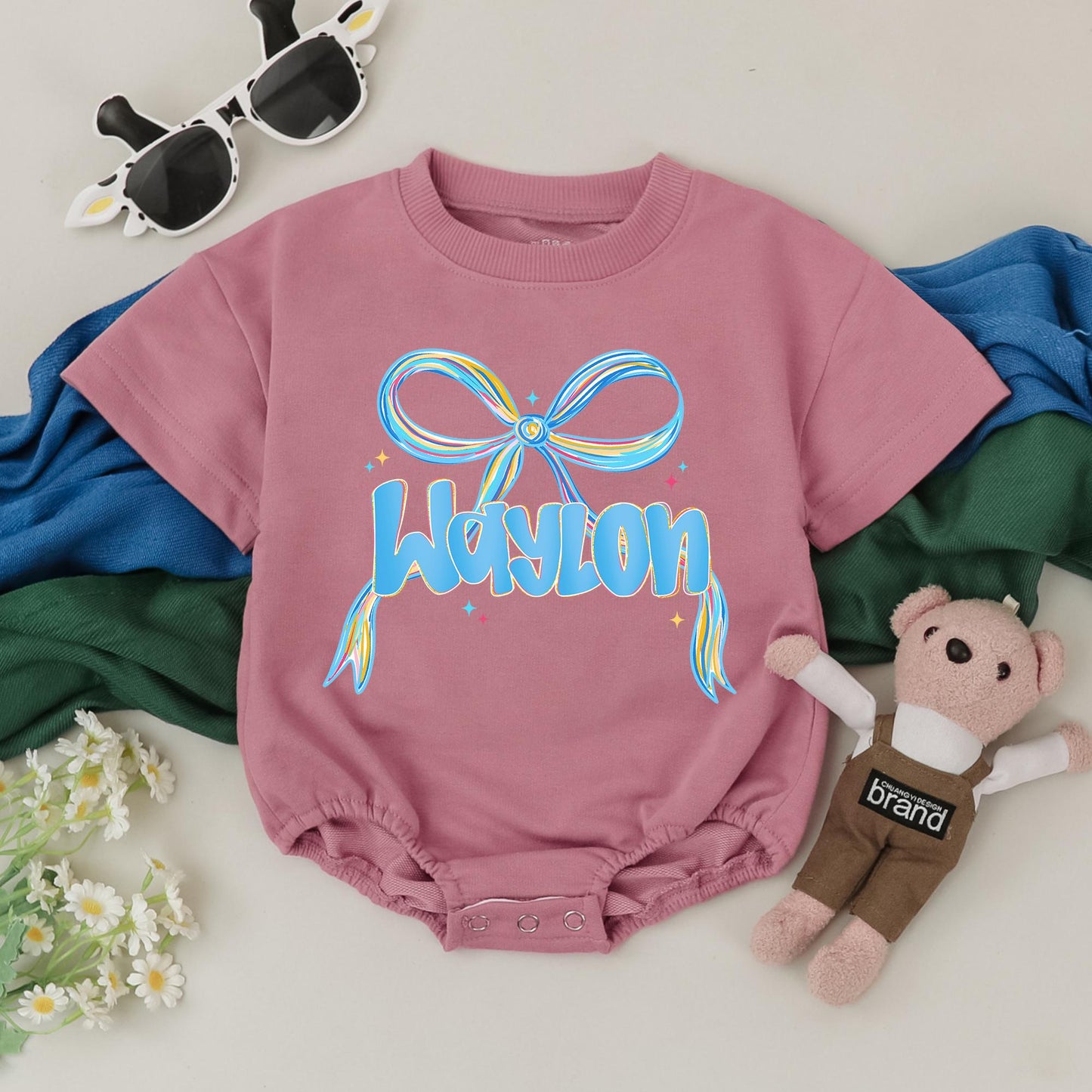 Personalized Blue Bow Print Baby Girl Romper Custom Name Outfit First Birthday Baby Shower Gift