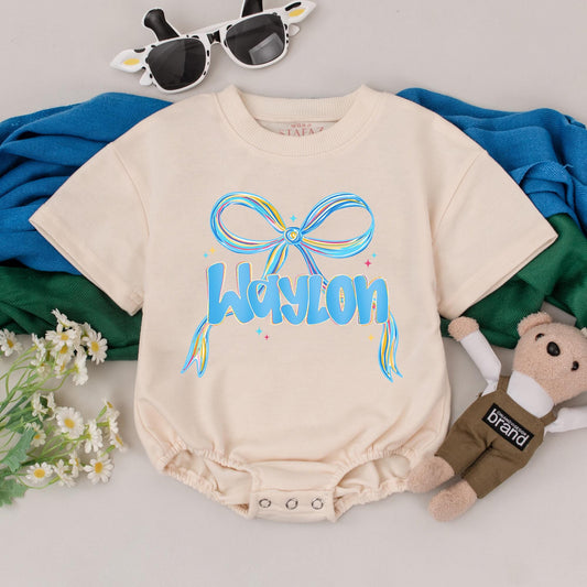 Personalized Blue Bow Print Baby Girl Romper Custom Name Outfit First Birthday Baby Shower Gift