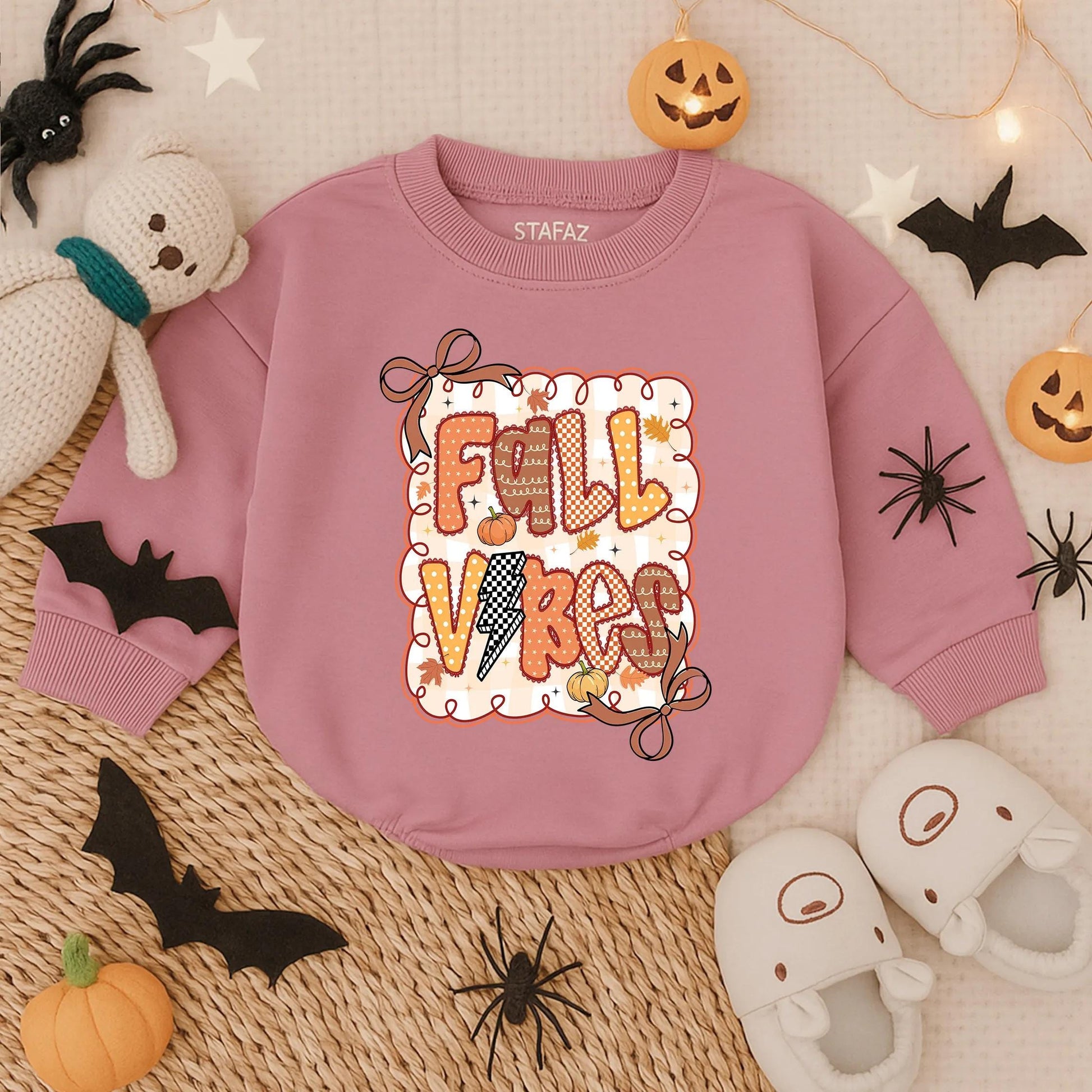 Fall Vibes Baby Girl Romper: Retro Autumn Leaves & Latte Design Cozy Toddler Shirt Outfit for Thanksgiving & Photoshoots