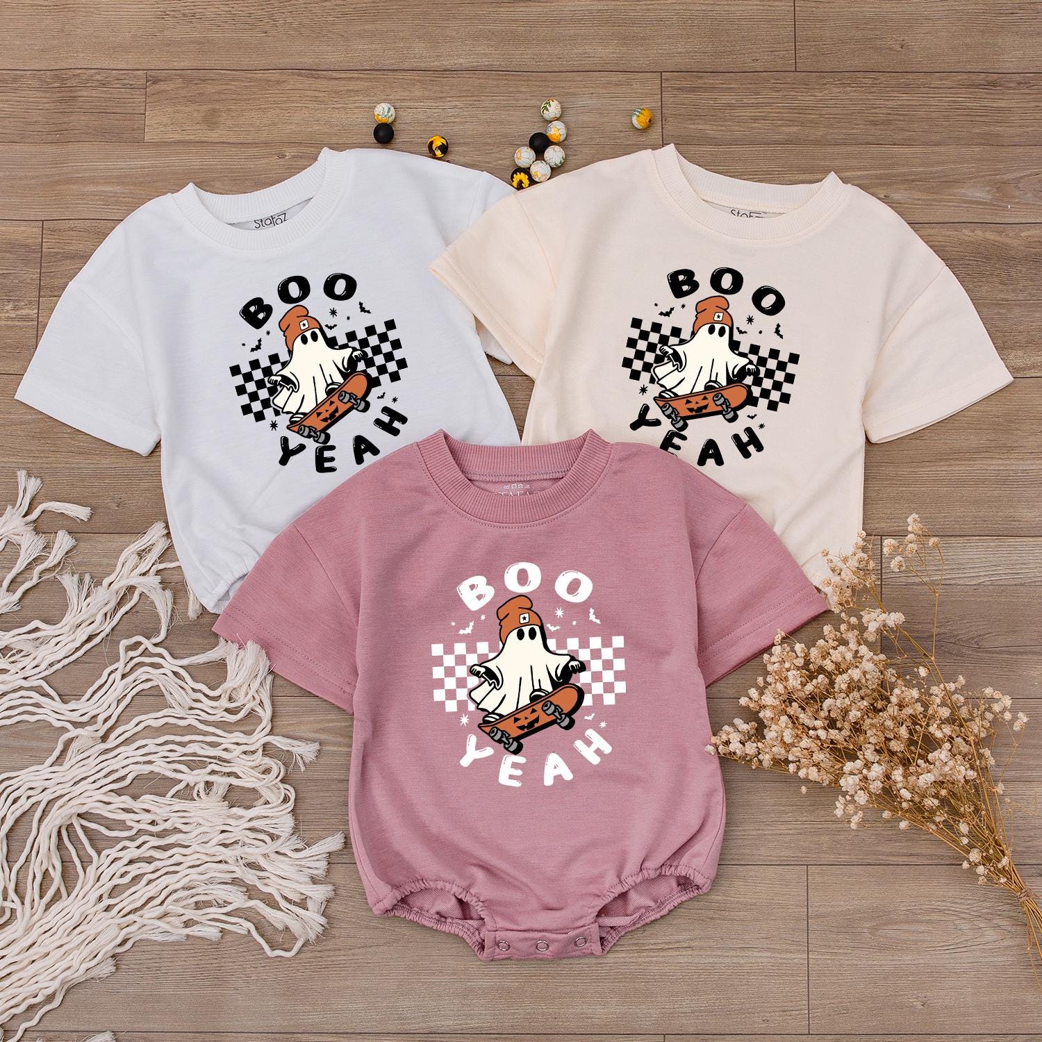 Boo Yeah Baby Romper, Retro Ghost Skateboard Halloween Outfit for Baby Girl or Boy, Spooky Season Costume, Funny Gift, Fall Bodysuit
