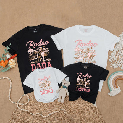 Pink Cowgirl First Rodeo Baby Romper Matching Family Birthday Shirts Western Theme Outfits for Girl's One Year Old Party Gift Comfortable Cotton
