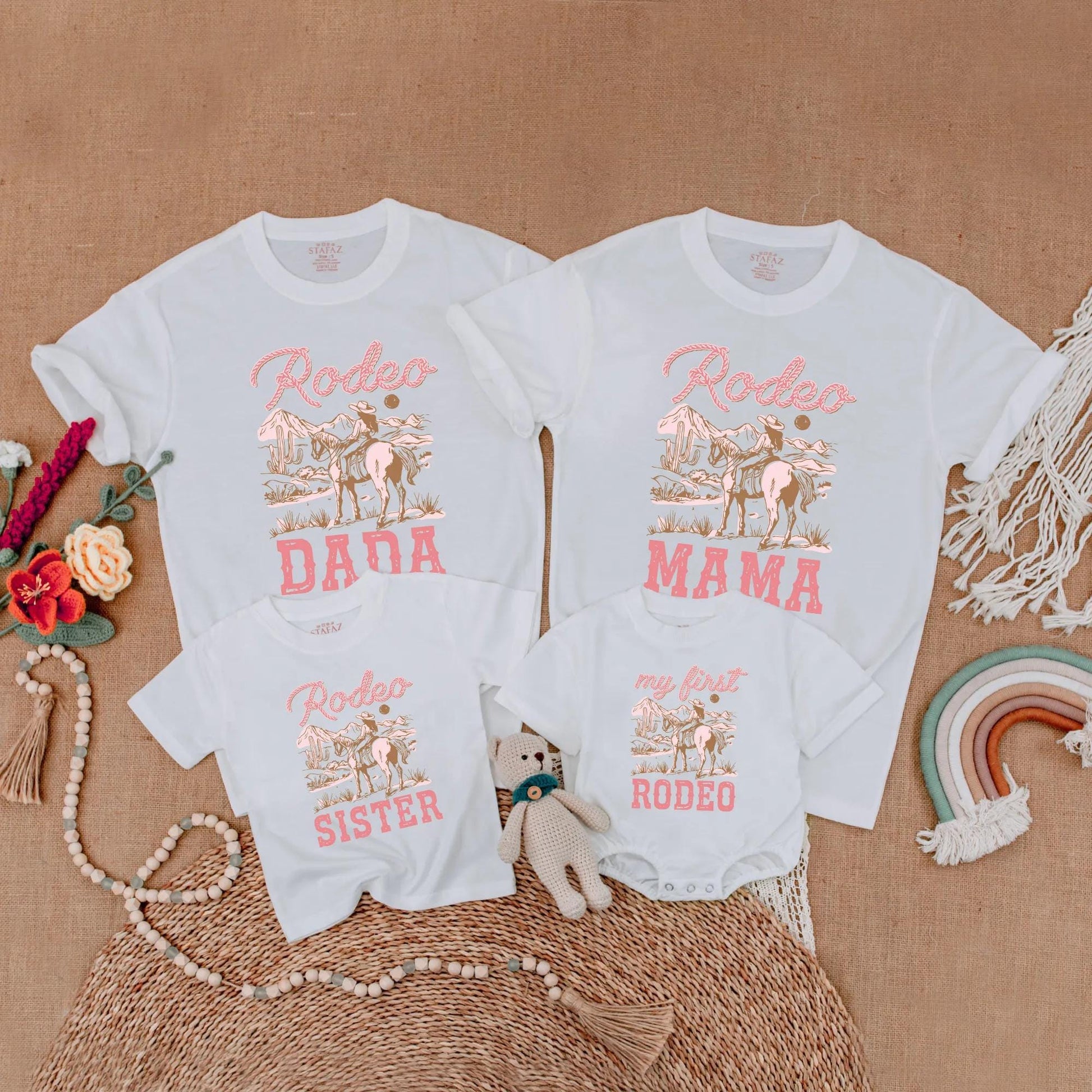 Pink Cowgirl First Rodeo Baby Romper Matching Family Birthday Shirts Western Theme Outfits for Girl's One Year Old Party Gift Comfortable Cotton