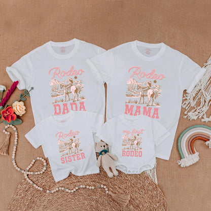 Pink Cowgirl First Rodeo Baby Romper Matching Family Birthday Shirts Western Theme Outfits for Girl's One Year Old Party Gift Comfortable Cotton