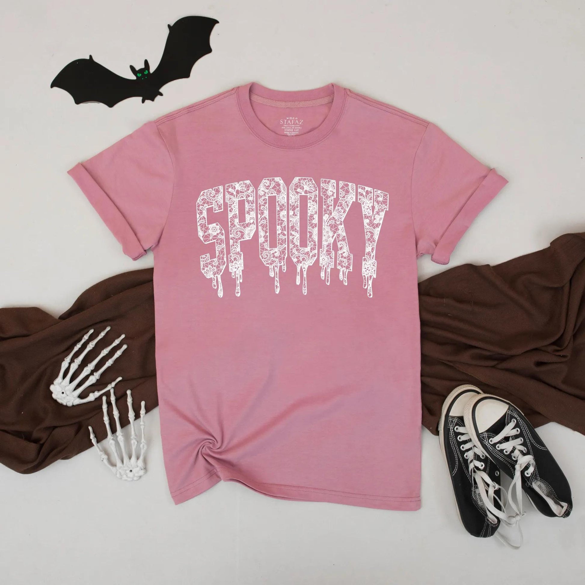 Spooky Lace Halloween Tee: Dripping Letter Graphic Shirt, Cute Gothic Aesthetic Top, Funny Fall Vibes, Unisex Comfort, Perfect October Gift (138 chars)