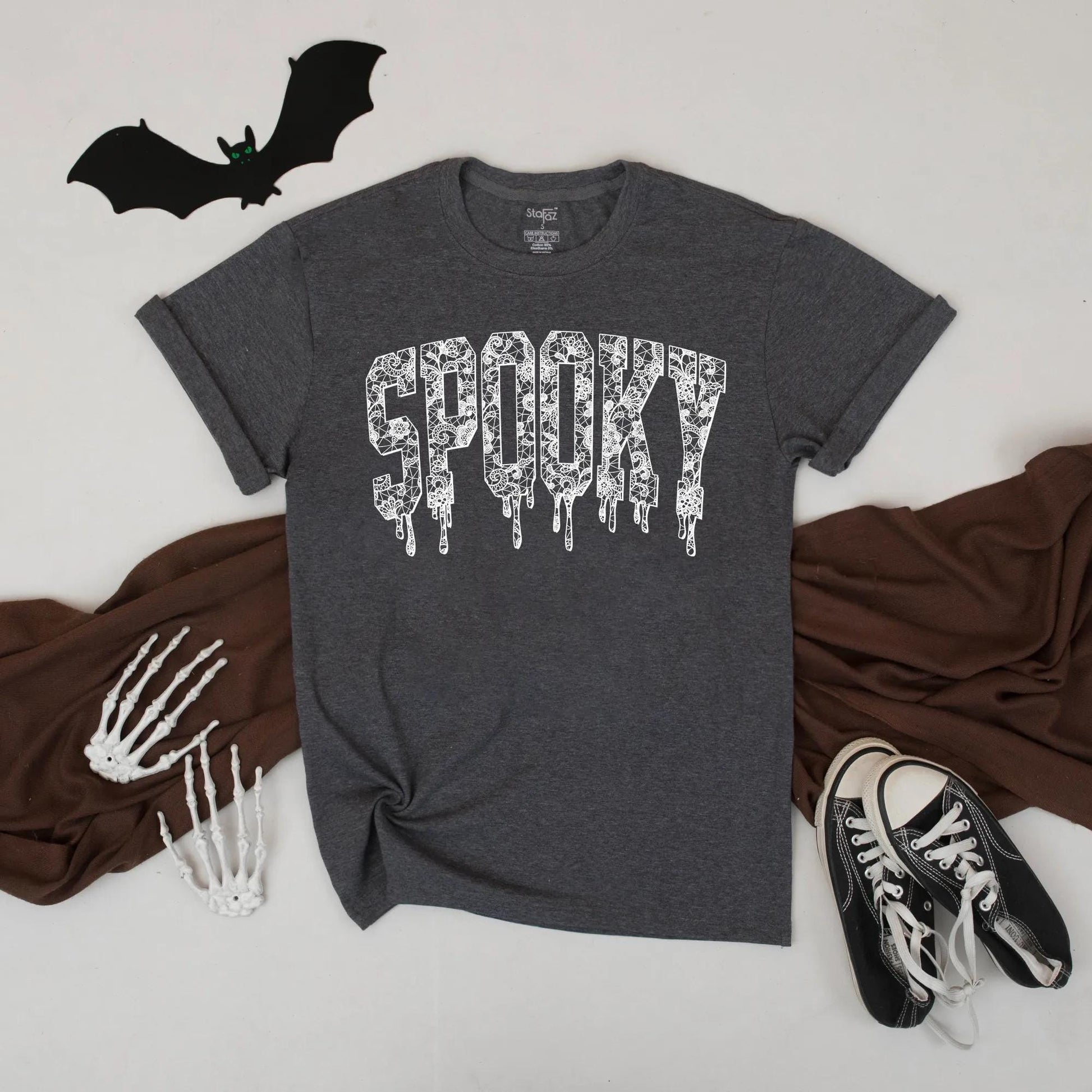 Spooky Lace Halloween Tee: Dripping Letter Graphic Shirt, Cute Gothic Aesthetic Top, Funny Fall Vibes, Unisex Comfort, Perfect October Gift (138 chars)