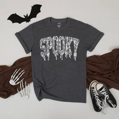 Spooky Lace Halloween Tee: Dripping Letter Graphic Shirt, Cute Gothic Aesthetic Top, Funny Fall Vibes, Unisex Comfort, Perfect October Gift (138 chars)