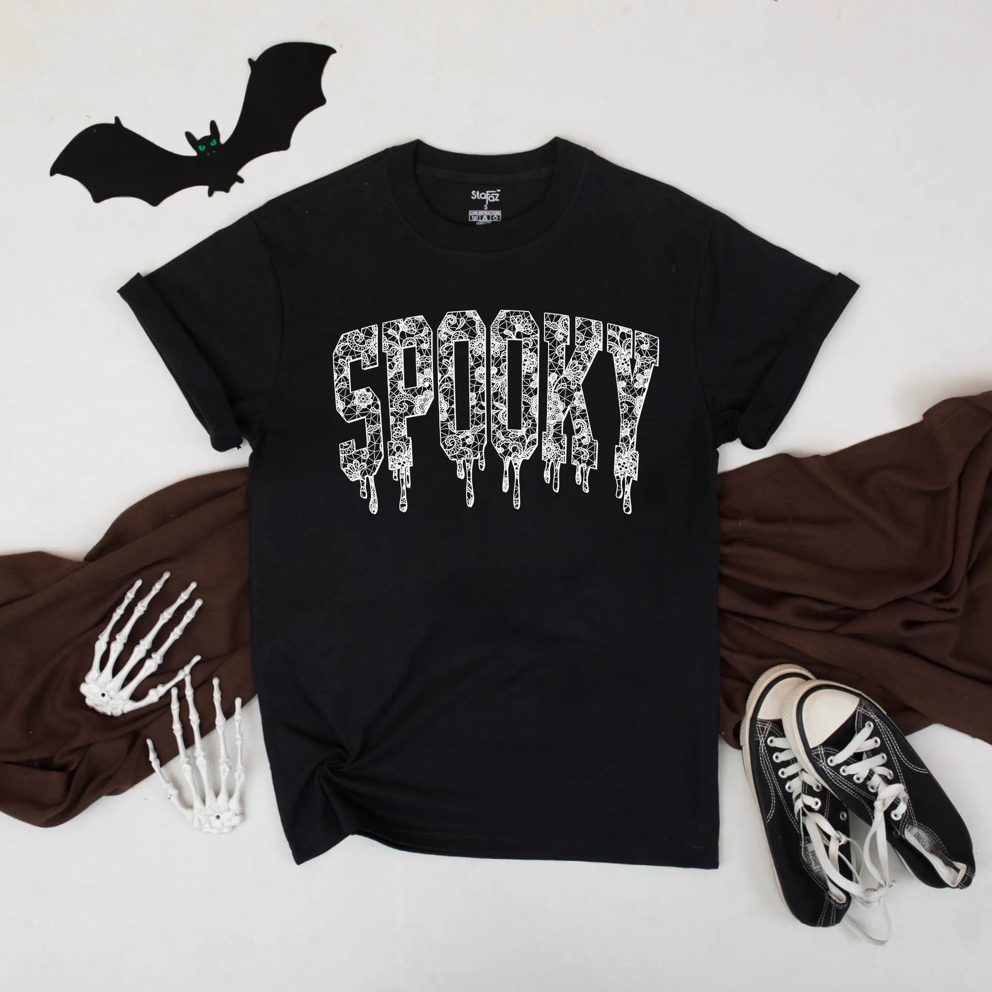 Spooky Lace Halloween Tee: Dripping Letter Graphic Shirt, Cute Gothic Aesthetic Top, Funny Fall Vibes, Unisex Comfort, Perfect October Gift (138 chars)