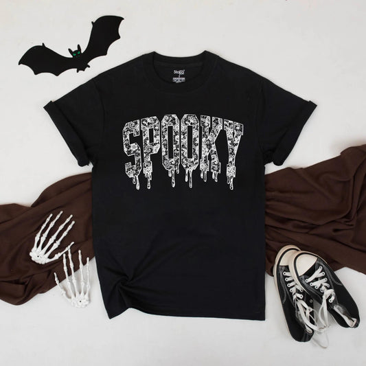 Spooky Lace Halloween Tee: Dripping Letter Graphic Shirt, Cute Gothic Aesthetic Top, Funny Fall Vibes, Unisex Comfort, Perfect October Gift (138 chars)