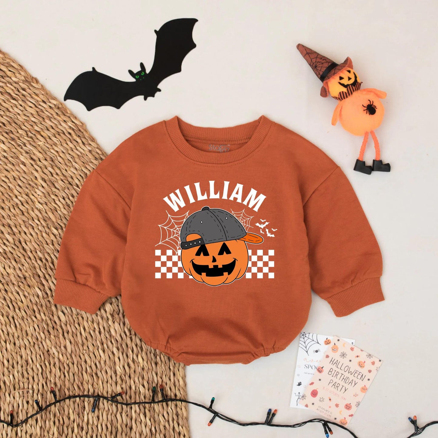 My First Boo Romper - Cool Pumpkin Halloween Baby Outfit - Personalized Name Fall Romper Gift for Baby Boy or Girl- Spooky Cute Bodysuit 139chars