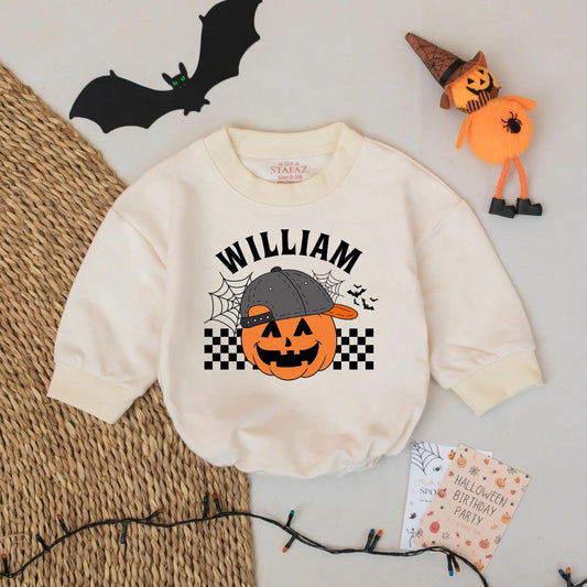 My First Boo Romper - Cool Pumpkin Halloween Baby Outfit - Personalized Name Fall Romper Gift for Baby Boy or Girl- Spooky Cute Bodysuit 139chars