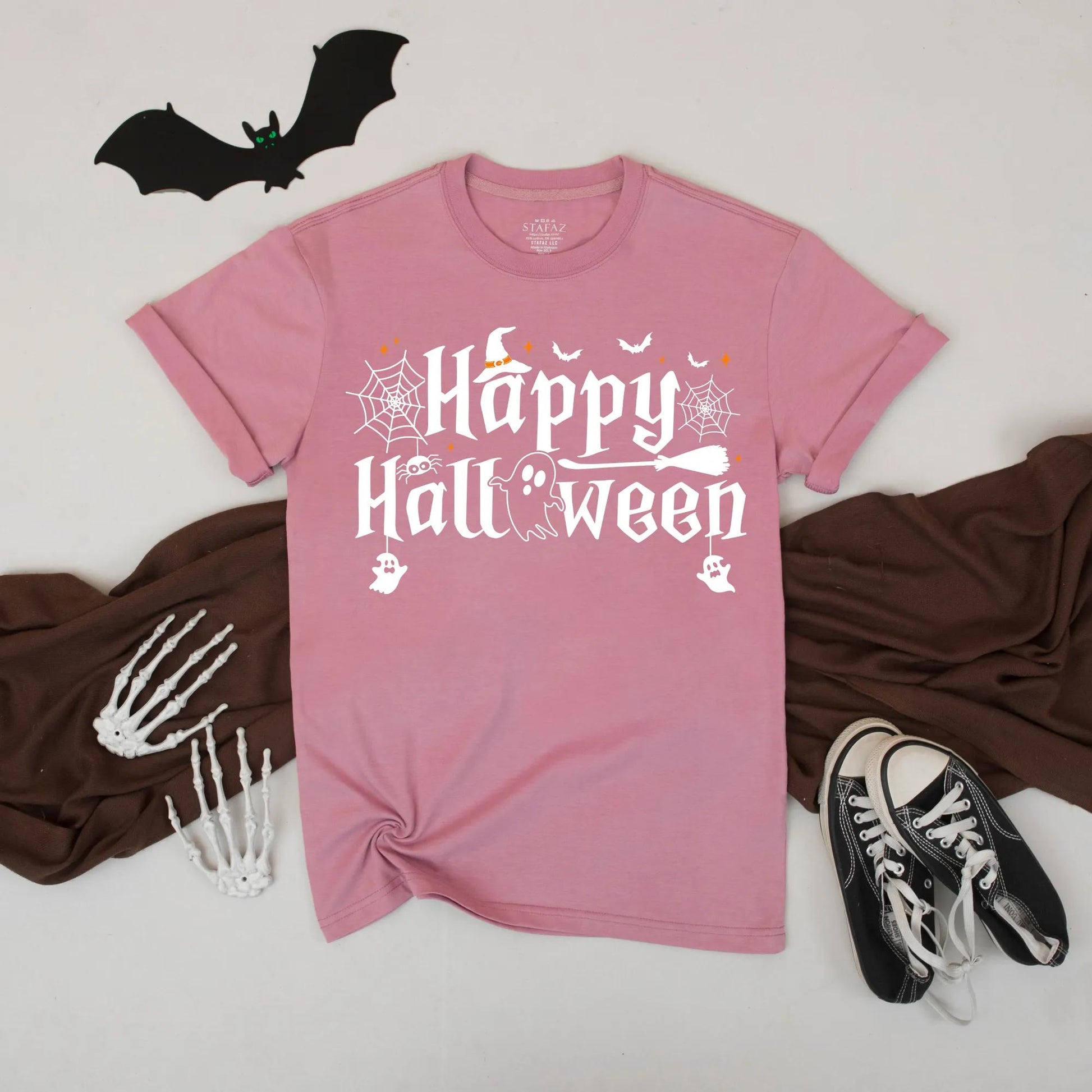 Happy Halloween Shirt Witch Hat Ghost Broomstick Cute Spooky Fall Graphic Tee