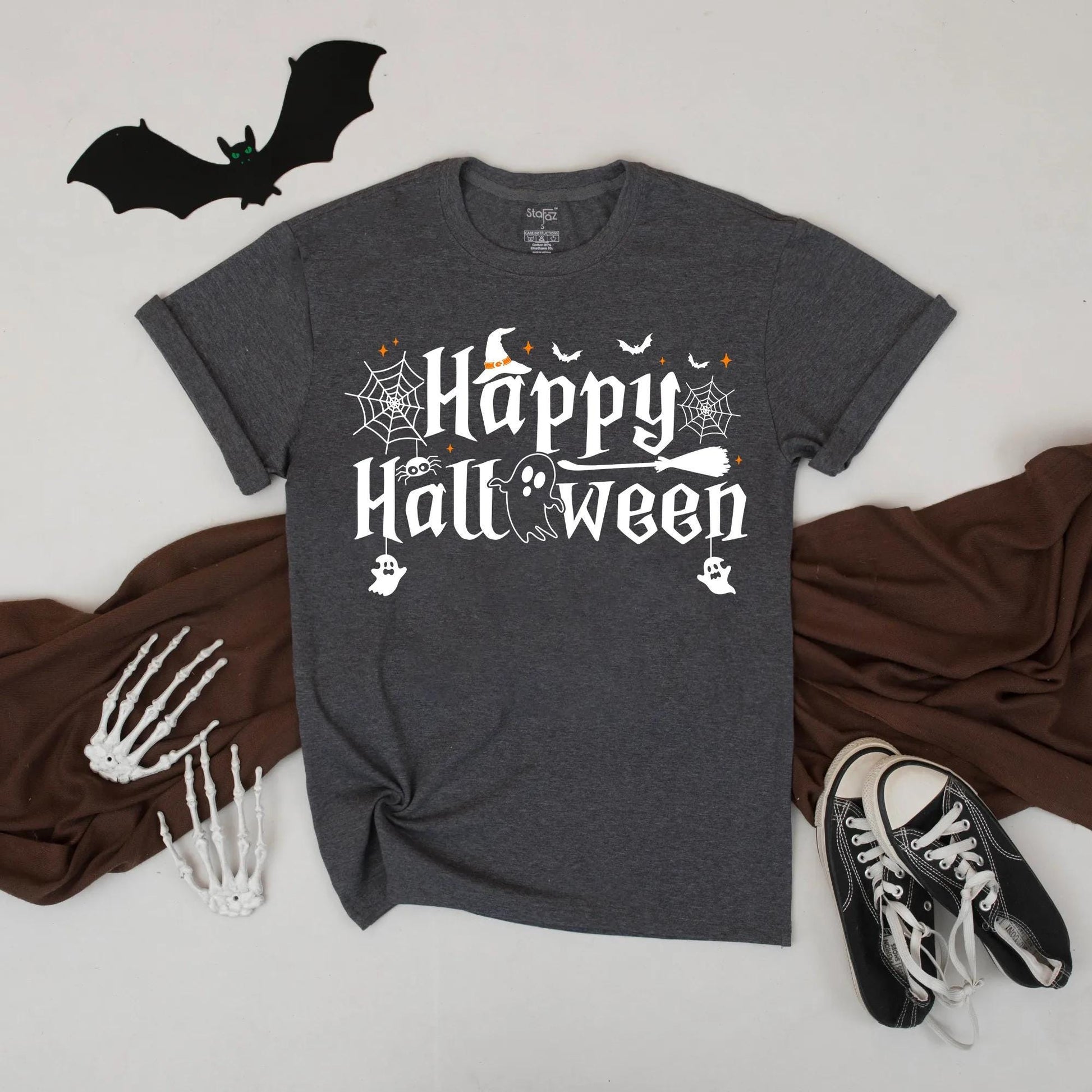 Happy Halloween Shirt Witch Hat Ghost Broomstick Cute Spooky Fall Graphic Tee