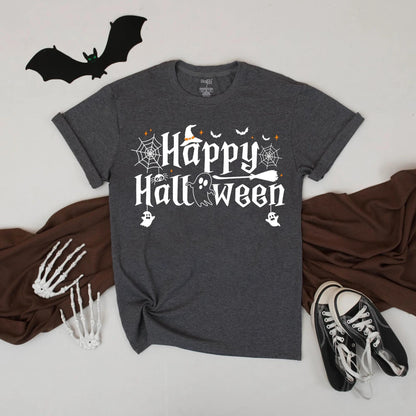 Happy Halloween Shirt Witch Hat Ghost Broomstick Cute Spooky Fall Graphic Tee