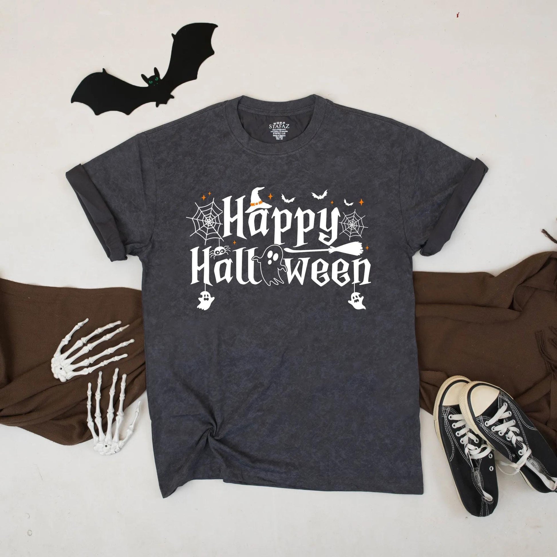 Happy Halloween Shirt Witch Hat Ghost Broomstick Cute Spooky Fall Graphic Tee