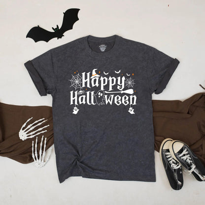 Happy Halloween Shirt Witch Hat Ghost Broomstick Cute Spooky Fall Graphic Tee