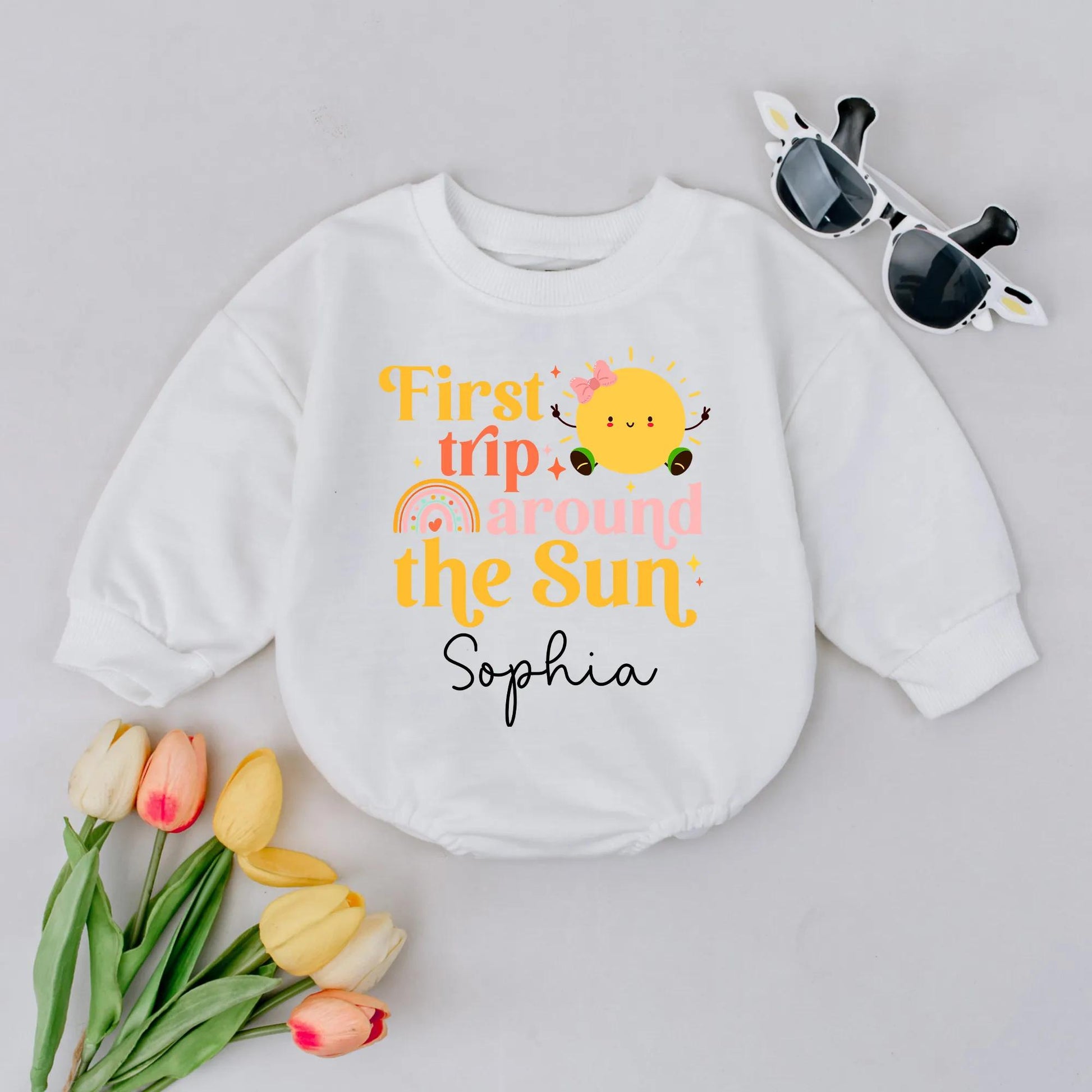 Baby Girl First Birthday Bubble Romper First Trip Around The Sun Pastel Rainbow Personalized Name Outfit Toddler Gift