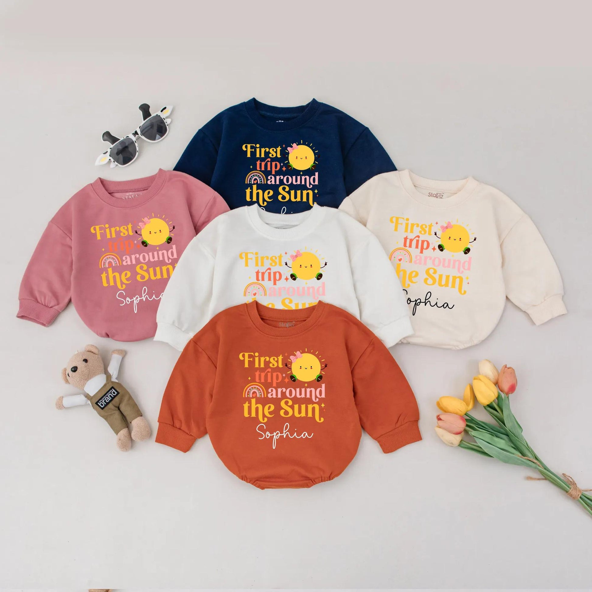Baby Girl First Birthday Bubble Romper First Trip Around The Sun Pastel Rainbow Personalized Name Outfit Toddler Gift