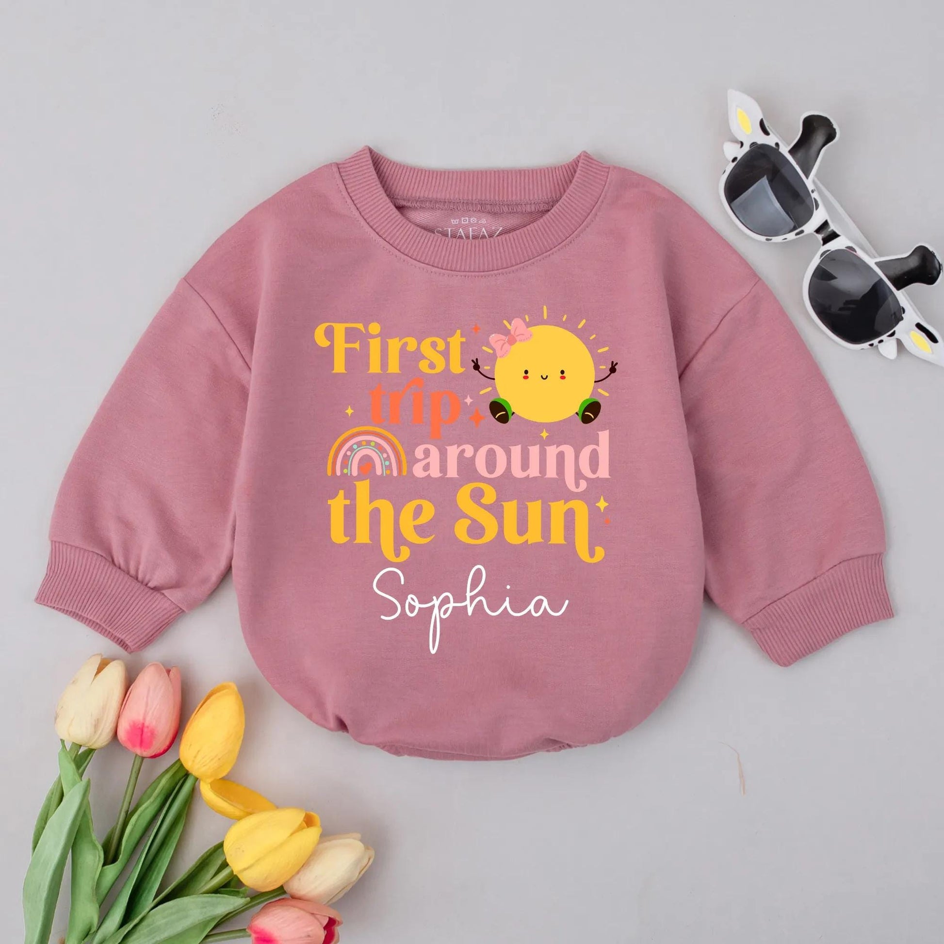Baby Girl First Birthday Bubble Romper First Trip Around The Sun Pastel Rainbow Personalized Name Outfit Toddler Gift