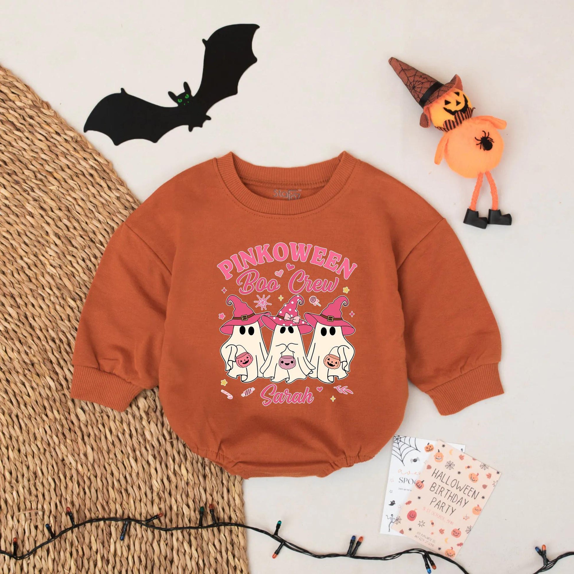 Pinkoween Boo Crew Baby Romper Personalized with Sarah's Name Cute Halloween Outfit for Baby Girl