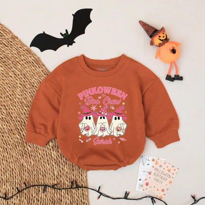 Pinkoween Boo Crew Baby Romper Personalized with Sarah's Name Cute Halloween Outfit for Baby Girl