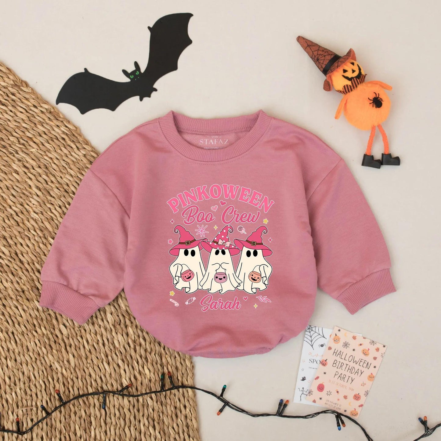 Pinkoween Boo Crew Baby Romper Personalized with Sarah's Name Cute Halloween Outfit for Baby Girl