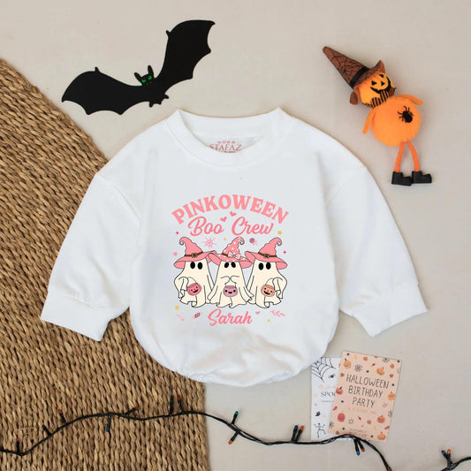 Pinkoween Boo Crew Baby Romper Personalized with Sarah's Name Cute Halloween Outfit for Baby Girl