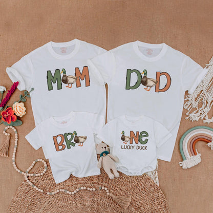 One Lucky Duck First Birthday Matching Family Shirts Mallard Duck Theme Baby Boy Outfit Mommy Me Gift